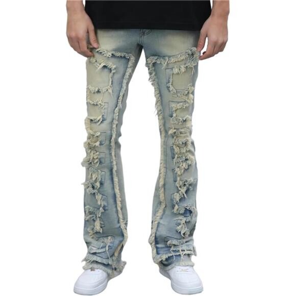 New w Tags Men's Ripped Bootcut Jeans Slim Fit Bell Bottom Ripped Flared Denim - Picture 1 of 6
